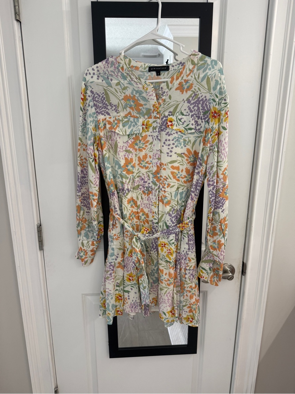 Gibson Floral Tie-Waist Long Sleeve Tunic Dress - Pastel Floral